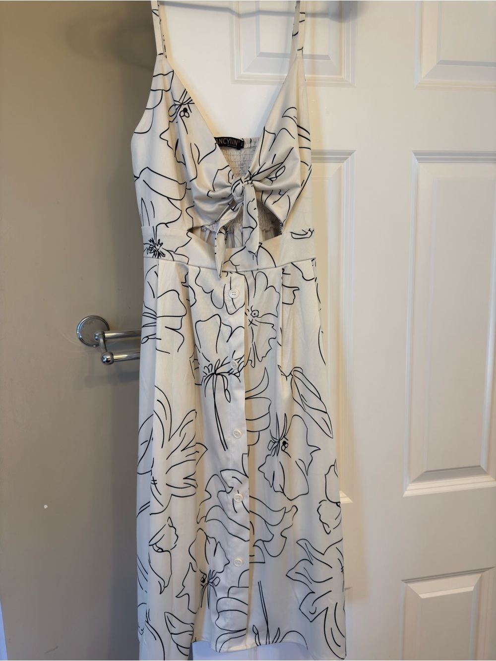 Fancyinn White Midi Dress with Black Floral Outline